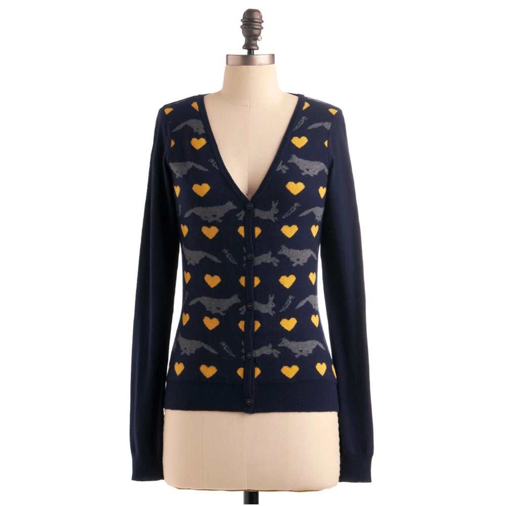 Modcloth Kersch Fox, Hearts, and Bunny Cardigan Navy Blue